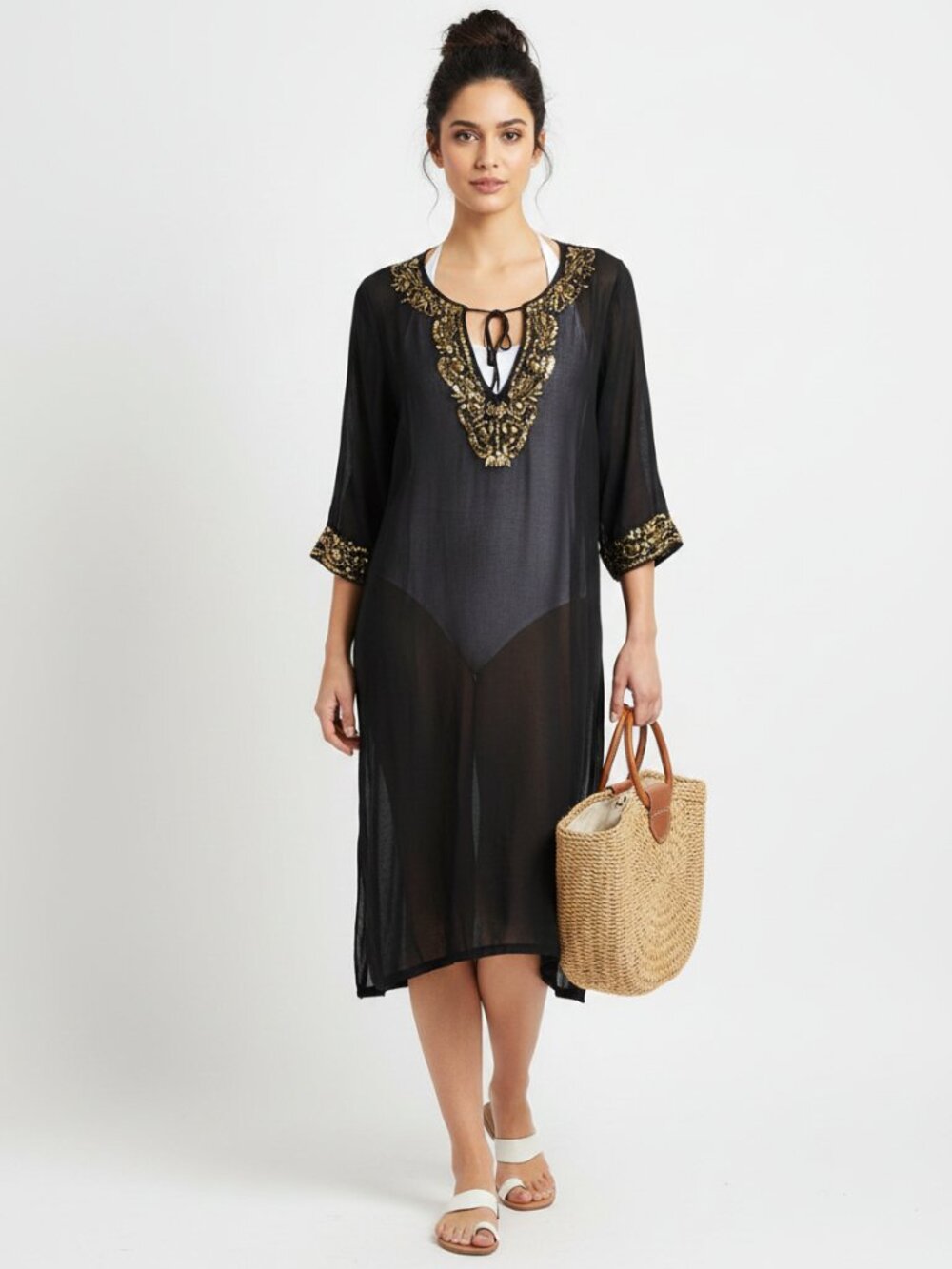 Antonio Melani Black Embellished Long Sleeve Tunic Dress Swim Suit Cover L